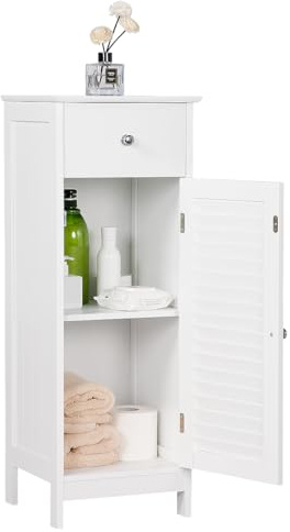 Yaheetech Bathroom Floor Cabinet Slim Wood Cabinet Hallway Storage Unit with Drawer & Shutter Door, 2 Shelves, MDF panels, 32 x 30 x 87 cm, White