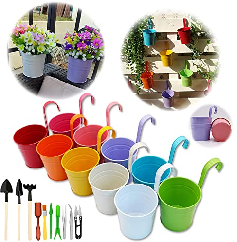 GIOVARA Juego de 10 Jarrones de Flores de Metal Florero para Colgar Canasta con Herramientas de Jardinería, Gancho Desmontable,sin Orificio de Drenaje,Balcón Jardín Decoración