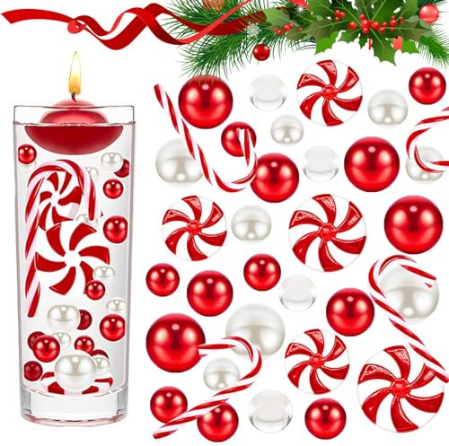 Byhsoep 6054 Stück Weihnachts Vasenfüller,Wasserperlen Weihnachten Schwebende Weihnachtsvasenfüller mit Zuckerstangen und runde Bonbons aus Plastik für Weihnachtsdekoration Tischdekoration