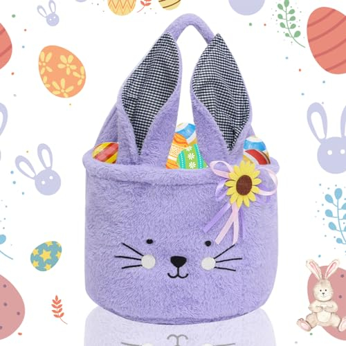 Tierisch süßer Osterkorb - Osterhase Plüschkorb zum Befüllen und Verschenken als frühlingshafte Osterdeko und Geschenkidee für ein blumiges Osternest. (Lila)