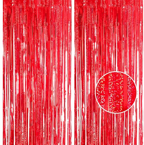 2pcs 3.2 x 8.3ft Glitter Red Tinsel Curtain Foil Curtain Decorations Metallic Tinsel Door Hanging Foil Flow Silk Streamers Photo Backdrop Decoration for Birthday Christmas Disco Party Decor