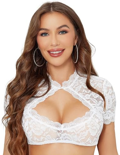 Funspread Dirndlbluse Damen Spitze Weiß - Kurzarm Dirndl Bluse Trachtenbluse für Oktoberfest