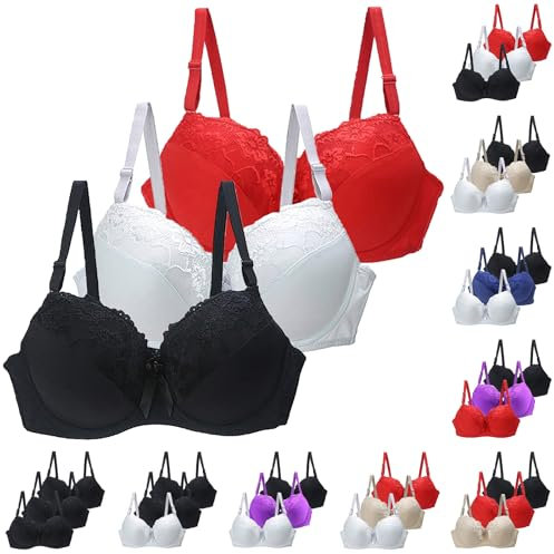 CSWH 3er Pack BHS Damen mit Bügel Push Up Sexy Spitzen-BH Frauen Starker Halt Große Brüste Klassische BH Set Bequemer Unterwäsche Bra mit Verstellbaren Trägern für Alltag
