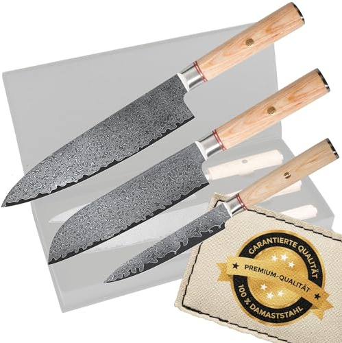 Cassary Set de cuchillos de acero de Damasco con con mango de madera Juego cuchillos cocina japoneses de acero de Damasco Cuchillos damasco profesionales para todo tipo de cocineros (Set 3)