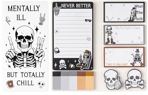 Xqumoi Funny Skull Skeleton Sticky Notes Set - Black White Gothic Skeleton Self-Stick Note Pads Halloween Hippie Notepads Writing Memo Pad Page Marker Bookmarker Index School Office Supplies Gift