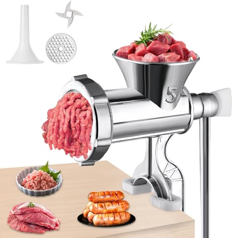 XPJBKC Manual Meat Grinder, Aluminum Alloy Meat Mincer Machine with Wooden Handle &Tabletop Clamp & Enema Tube, Meat Mincers for Home Use, Sausage Maker Machine for Meat, Vegetable, Noodles, Pepper
