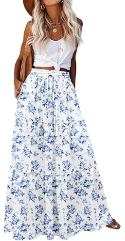 HOTOUCH Ladies Maxi Skirts Elastic High Waist Long Skirts Floral Cluster Blue White M