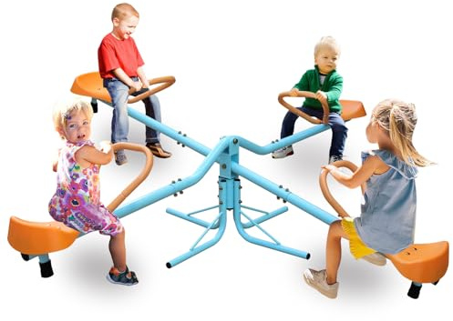 HooKung 360 Degrees Rotating Teeter Totter Seesaw for Kids, 1-4 Person Metal Rocking Seesaw for Boys Girls Indoor Outdoor Rocker Toy Playground Equipment for Backyard (4 Seats-Blue)