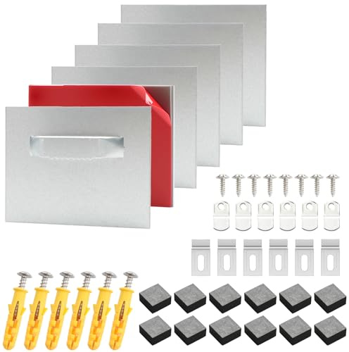 DRAKEWOOD 6 Pièces Crochet Cadre Aluminium Dibond Kit 6x8cm Metal Accroche Suspension Tableau pour Photo Miroirs - 2 Méthodes D’installation - Crochet à Vis Tableau/Accroche Cadre Adhesif Sans Percer