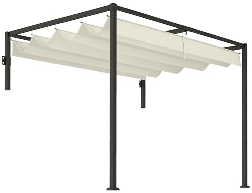 Outsunny Gazebo Pergola da Parete 3x2 m con Tettuccio Retrattile, Fori di Drenaggio, Picchetti e Viti, Pergolato da Giardino in Poliestere e Acciaio, per Patio, Terrazzo, Esterno, Crema