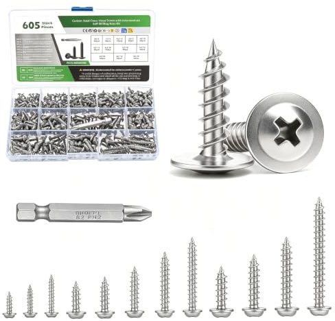 605 Pcs Silver Self Tapping Screws Metal, M2 M3 M4 Cross Pan Head Self Drilling Wood Screws Assortment, Wafer Head Screw Set for Wood Metal Plastic DIY Repair(Silver)