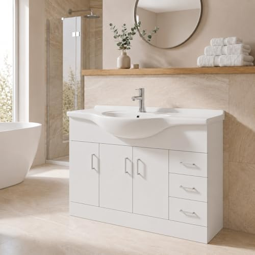Affine® 1200mm Vanity Unit Basin Sink Bathroom Storage Cabinet Cupboard Freestanding, Single Tap Hole Ceramic Wash Basins, Soft Close Doors & Drawers, White Gloss