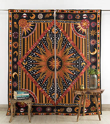 Popular Handicrafts Indische brennende Sonne, Hippie-Mandala-Fenstervorhänge, Bohemian-Stil, Sonne, Mond, schöne Vorhänge, Schlafzimmer, Wohnzimmer, Balkon, Volant, Paneele, goldfarben