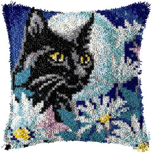 CHEYLIZI Latch Hook Kits for Adults Beginners Embroidery Crochet Kit DIY Throw Pillow Covers Kits with Printed Canvas Pattern, Cat, 43X43cm(17X17in),A
