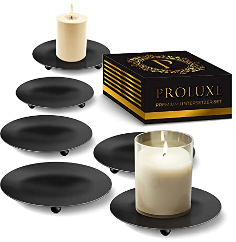 PROLUXE ® Kerzenhalter Schwarz 6tlg Design - Kerzenständer aus hochwertigem Metall - Kerzenuntersetzer - Premium Qualität Kerzen Deko - 6er Set Kerzenteller - Geschenkartikel