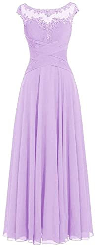 dinavian Robe longue en mousseline de soie pour femme - Col rond - Robe de bal de fin d'année, de demoiselle d'honneur, lilas, 38