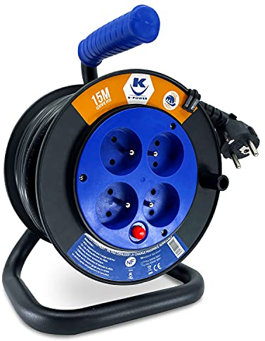 K•Power – Kabeltrommel, elektrisch, Querschnitt 3 G1,5 mm², H05VVF 16 A, 4 Steckdosen IP20, Thermoschutzschalter, Tragegriff, Verlängerungskabel ... (15 m 3G1,5)