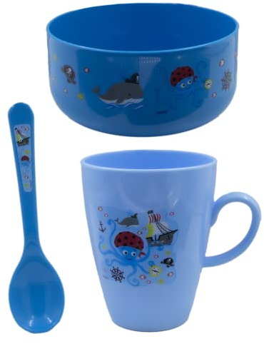 SMART Pirates World Set colazione 3 pezzi per bambini, con Tazza, Scodella e Cucchiaio, Set Stoviglie per bambini con Disegno del mondo dei Pirati