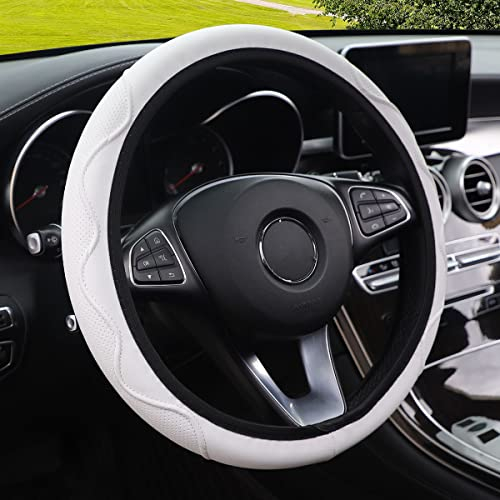 Coprivavolante in pelle, 37-38 cm, in PU pelle, copertura universale antiscivolo per volante, per auto, per estate e inverno, bianco