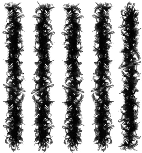 Anjing Lot de 5 boas à plumes multicolores pour femme pour travaux manuels, fête, déguisement (2 m, noir)