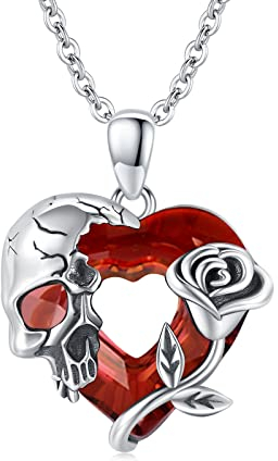 ECHOOY Skull Necklace Sterling Silver Rose Gothic Pendant Heart Necklace Red Austrian Crystal Necklace Skull Jewellery Gift for Women Men Christmas Halloween Birthday