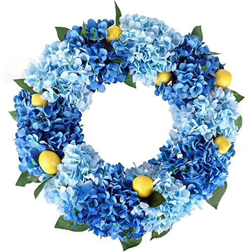Kmise Sommer-Frühlingskranz für Haustür, 66 cm, große blaue Hortensien, Zitronenkranz für Tür, Fenster, zum Aufhängen, Hochzeit, Party, Dekoration