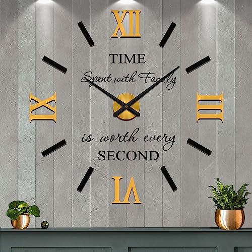 Vangold Orologio da Parete Moderno Grande orologio da Parete Senza Cornice con Specchio 3D Adesivo fai da te per Decorare la Parete Vuota di Casa (Nero Oro)