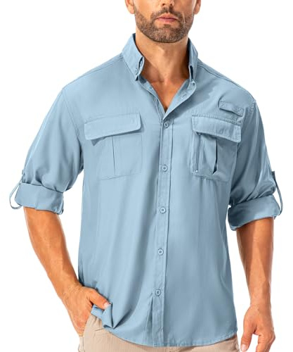 Asfixiado Camisa para hombre Safari UPF50+ protección UV, camisa de senderismo de manga larga, camisa funcional para exteriores, transpirable, de secado rápido, informal, con botones, azul, XXL