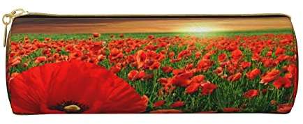 Federmäppchen aus Leder, Motiv: rote Blumen, Felddruck, Stifteetui, Kosmetiktasche, Make-up-Tasche, Büro-Aufbewahrungstasche für Männer und Frauen, Rotes Blumenfeld, Einheitsgröße, Für Reisen