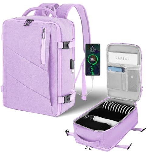 VOESLD Mochila Viaje Cabina Avion 40x20x25 para Ryanair, Mochila Portatil Mochila Viaje Mujer Morado Mochila Ordenador Bolsa de Viaje con Puerto USB, 20L