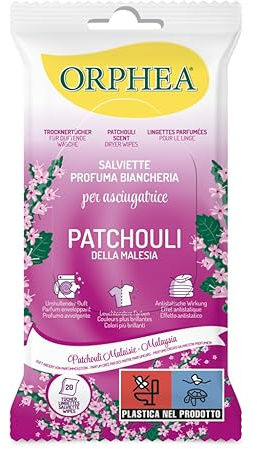Orphea Lingettes 20 pcs - Feuilles Parfumer Linge - Parfum Patchouli frais et enveloppant - Lessive parfumée et plus facile à repasser - Effet antistatique et couleurs vives