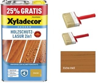 zbs24 Xyladecor Holzschutzlasur 2in1, keine Grundierung, Pinselset, tief eindringend, hoher UV-u. Nässeschutz, für alle Holzbauteile im Aussenbereich (eiche hell, 5 Liters)