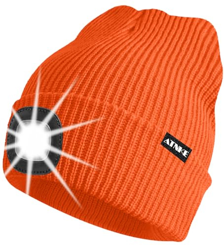 ATNKE Unisex LED Mütze mit Licht,Wiederaufladbare USB 4 LED Beleuchtete Laufmütze Extrem Heller Lampe Winter Warme Stricken Mütze für Herren und Damen Geschenke/Bright Orange