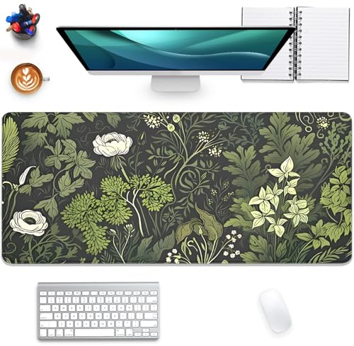 Sage Green Floral and Plant Desk Pad Mouse Pad,Large Gaming Mouse Mat with Stitched Edges,Non-Slip Waterproof Rubber Base Mous Mat for Office Computer Keyboard Laptop Home(27.5X11.8 in)