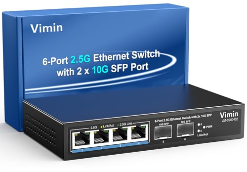 Switch Ethernet 6 Ports 2,5G+4 Ports 2,5Gbase-T, 4 Port 2.5G Switch Umanaged+2 Ports 10G SFP, Compatible 100/1000/2500Mbps, pour Les NAS 2,5 Gbit/s, AP, PC
