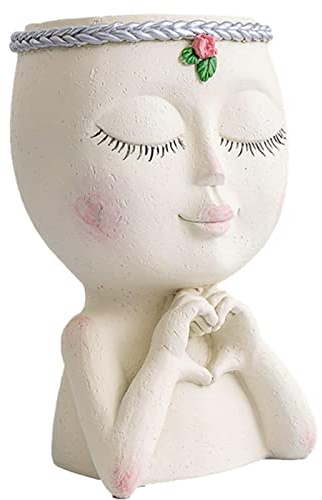 Maceta de cara con cabeza, maceta de resina, maceta suculenta, maceta con agujeros de drenaje, linda cara para mujer, macetas para plantas, flores, cactus, jardín, interior y exterior