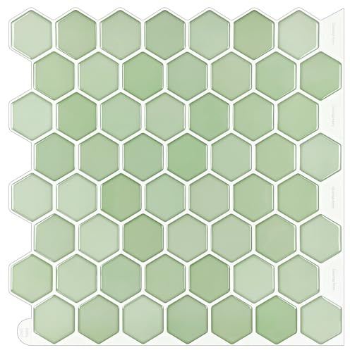 WoStick Grüne Fliesenaufkleber 3D Klebefliesen Küche Bad Küchenrückwand Folie Fliesen Selbstklebende Hexagon（10-Stück 30.5x30.5cm）
