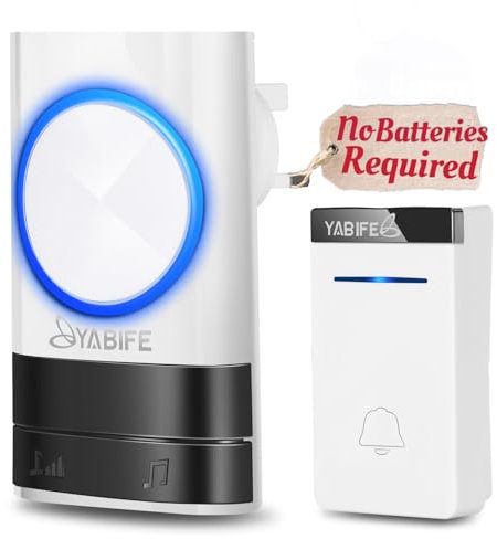 YABIFE Self-Powered Wireless Doorbell, Cordless Plug in Door Bells, IP44 Waterproof Door Chime Bell, 58 Ringtones, 0-110dB Loud 4 Levels Volume, 500-1003ft Range, No Battery Required White