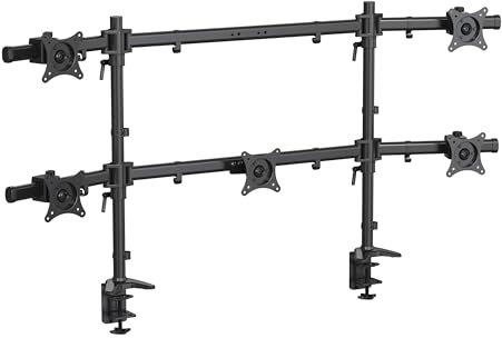 HFTEK Monitorhalterung für 5 Monitore: Oben 27–32 (bis 8 kg/Arm), unten 15–27 (Mitte bis 12 kg). Höhenverstellbar, neig-, Schwenk- und drehbar. VESA 75/100. Modell MS625C-N, modular erweiterbar.