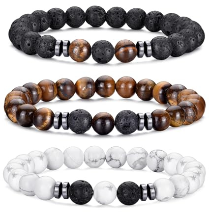 MOROTOLE Armband Herren, 8 mm Tigerauge Armband Lavastein Perlenarmband Set Naturstein Perlenarmbänd Herren Stretch Männer Armbänder Schmuck Geschenke für Männer