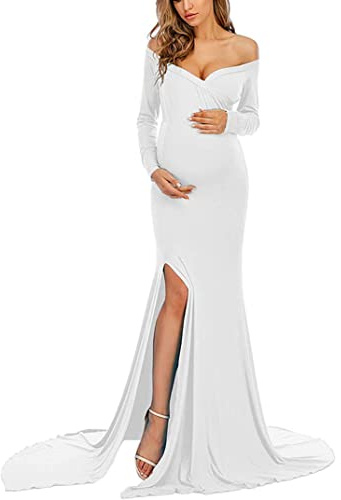 Hperu Frauen Fotografie Kleid Mutterschaft von Schulterkleiderfotografie Schlitz Maxi Kleid für Schwangere Frauen weiß M.