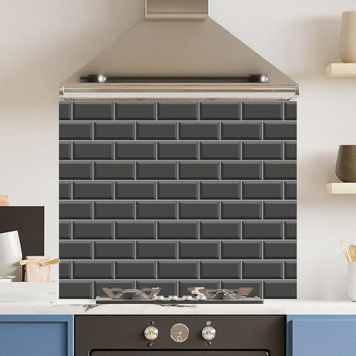Toughened 6mm Glass Kitchen Splashback 90 x 65cm Black Metro Tile - Polished Heat Resistant Back Splash for Cookers Hob