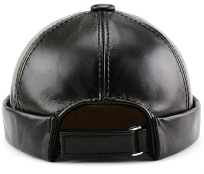 Vnook Herren-Lederhüte, Echtleder-Docker-Beanie-Mütze, Arbeiter, Seemann, Randlose Kappe, Gerollte Manschette, Retro Ohne Krempe Echtes Leder Caps(Black,XL)