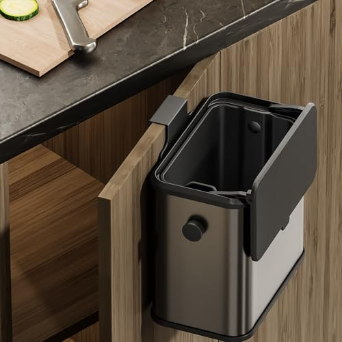 MRBIN Stainless Steel Compost Bin Countertop with Lid, Hanging Trash Can for Kitchen Cabinet Door, Indoor Recycle Basket Food Waste Scrap Dustbin for Kitchen Under Sink with Inner Bucket