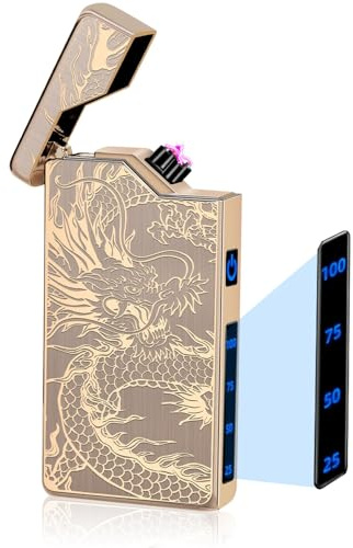 LcFun Feuerzeug Elektrisch Lichtbogen Feuerzeug USB Aufladbar Elektrisches Feuerzeuge mit Batterieanzeige Geschenk für Ihn Männer Papa (Goldener Drache)