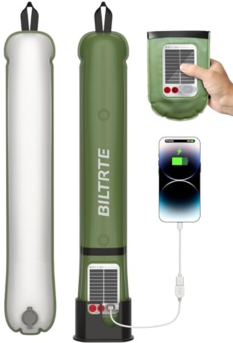 BILTRITE Solar Camping Lights, Rechargeable, 3 Modes, IP66 Waterproof, Inflatable for Hiking, Backpacking, Survival, Collapsible Tent, Portable Lanterns for Power Outage