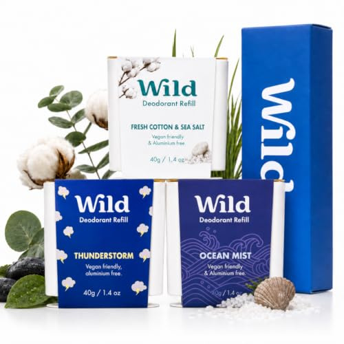 Wild - Desodorante Natural Recargable - Sin Aluminio - Pack Variado de Recargas - Incluye Esencias Fresh Cotton & Sea Salt, Ocean Mist y Thunderstorm - Protección de larga duración