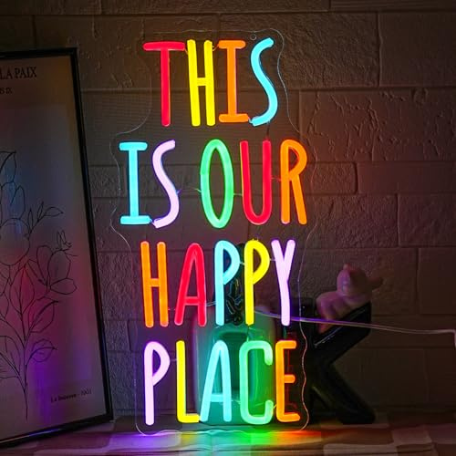 LMSIGNLY This is Our Happy Place Neon Schild für Wanddekoration Bunte Buchstaben Neon Licht Motivation Wort LED Schild für Klassenzimmer Wohnzimmer Home House Bar Gym