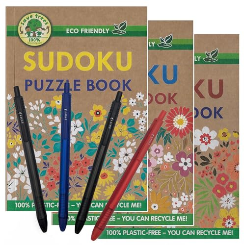 ihoot A5 Eco-Friendly Sudoku Book Bundle | Puzzle Books for Adults and Teens | 3x Plastic-Free Sudoku PLUS a Handy Pack of 4 Pens | Brain Teasers | 130+ Puzzles In Each