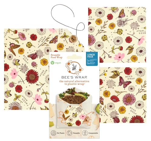 Bee's Wrap Vegan Beeswax Wraps for Food - 3 Pack of Assorted Beeswax Wraps - 2 Medium & Sandwich Wrap - Made in USA Reusable Natural Food Wrap - Meadow Magic